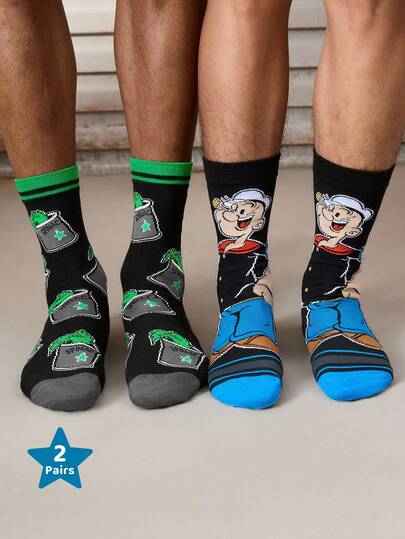 Popeye X SHEIN 2Pairs Soft & Breathable Moisture-Wicking Casual Men Mid-Calf Socks Fashionable Cute Cartoon Black Crew Socks Reinforced Toe & Heel For Durability All Season All-Match Summer Winter,Graphics Socks,Unisex,Gift Ideas