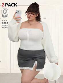 SHEIN EZwear طقم كنزة صوفية طويلة الأكمام من الأصواف الناعمة والجذابة للمقاسات الكبيرة، خريف/شتاء - أبيض - مشاهدة 1