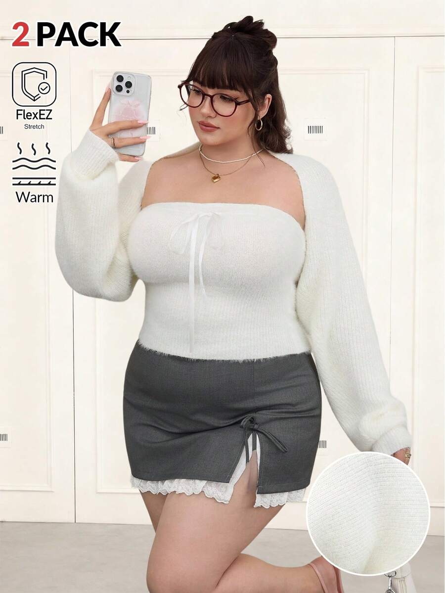 SHEIN EZwear طقم كنزة صوفية طويلة الأكمام من الأصواف الناعمة والجذابة للمقاسات الكبيرة، خريف/شتاء - أبيض - مشاهدة 1