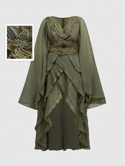 ROMWE Fairycore Women's Retro Music Festival FairyStyle Embroidered Hooded Dress