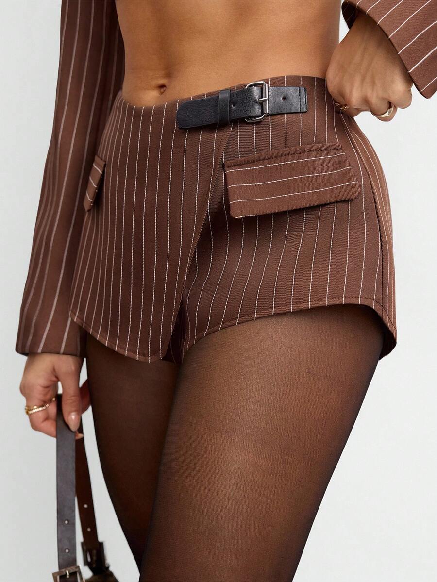 Avenya Brown Striped Low Waist Mini Shorts, Fashionable For Commuting - Brown - View 1