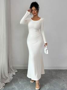 SHEIN Elenzya Váy len dệt kim xoắn thanh lịch thu đông dành cho nữ, thiết kế vai bất đối xứng, tay dài, xếp ly eo, ôm vừa vặn - Màu be - Xem 5