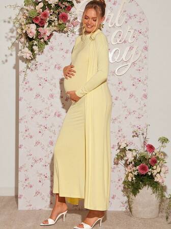 Loomaby 两件套孕妇装：纯色长袖开襟睡袍和无袖立领鱼尾连衣裙，优雅