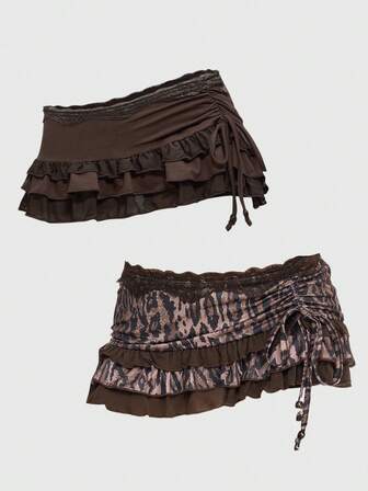 Grunge Punk Gonna mini vintage con stampa leopardata, vita bassa, sexy, con volant, fiocco e dettagli in pizzo, adatta per primavera, concerti, festival e San Valentino