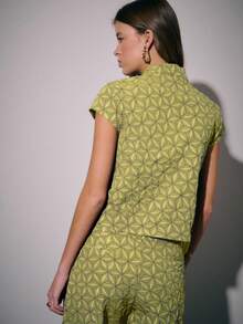 Nöista Two Pieces Coordinated Set Featuring A Short-Sleeve Top And Wide-Leg Pants With Geometric Pattern Detailed Chinese Buttons, Offering An Elegant - Olive Green - View 3