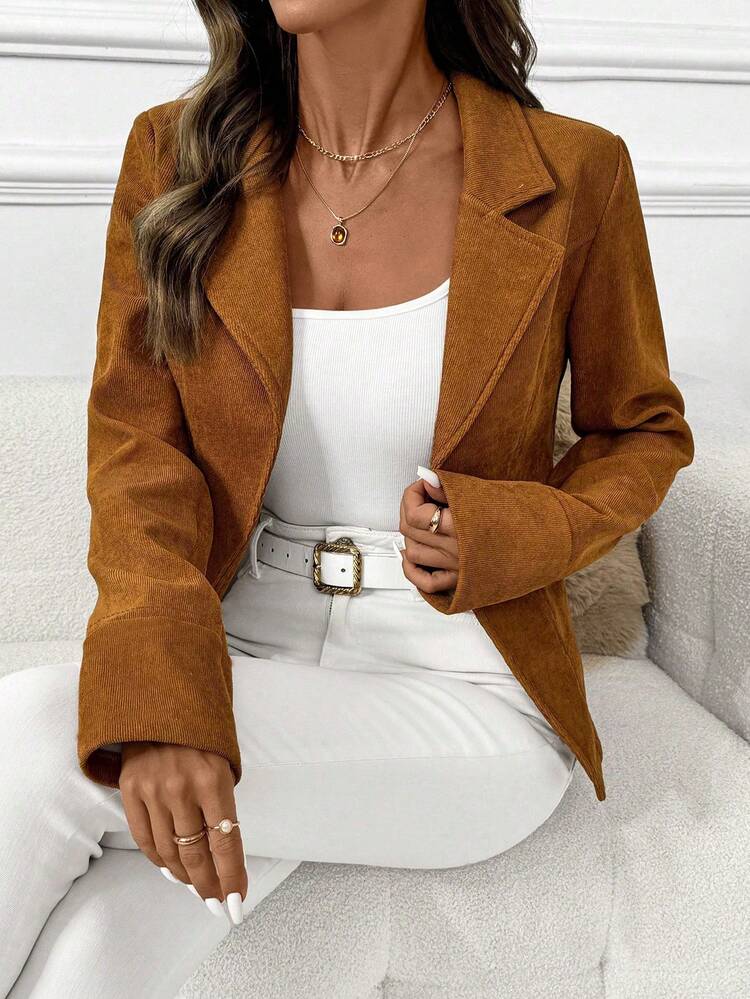 SHEIN Clasi Corduroy Lining Fleece Collar Short Jacket, Versatile Autumn/Winter Outerwear Suitable For Casual Wear And Commuting - Brown - View 4