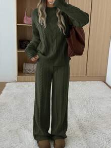 SHEIN EZwear Bộ 2 món áo len dài tay cổ tròn màu xanh ô liu trơn kèm quần dài cỡ lớn, thu đông - xanh quân đội - Xem 4