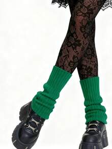ROMWE Goth 1双复古提花连裤袜 + 1双绿色针织腿套，蕾丝网眼袜，叠穿组合套装，春季复古风穿搭 - 彩色 - 查看 4