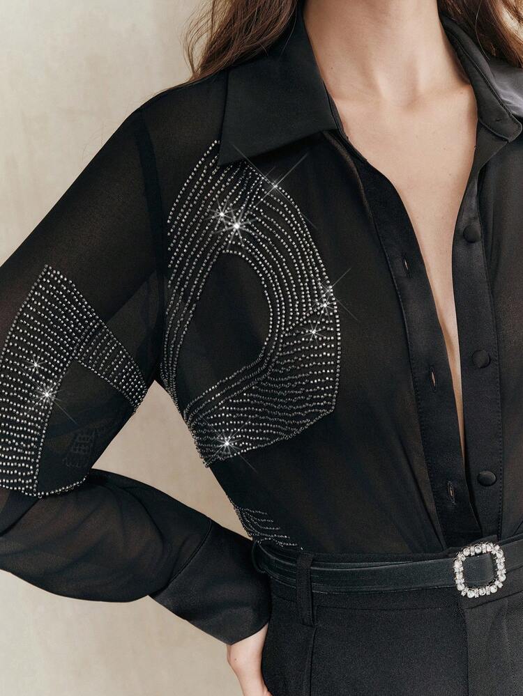 Women's Party Collared Heavily Embroidered Bow Thanksgiving Long Sleeve Elegant Black Fashion Blouse