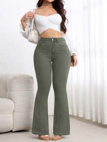 SHEIN CURVE+ 大码女式牛仔弹力修身性感喇叭裤，牛仔/竞技风格 - 軍綠色 - 查看 5