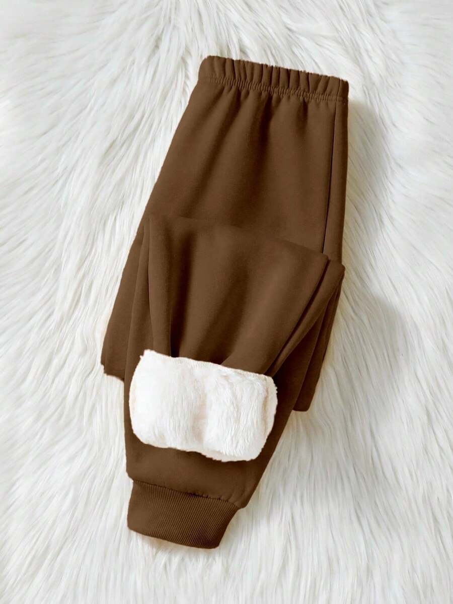 SHEIN Tween Boy Solid Color All-Match Casual Fleece Sweatpants - Camel - View 1