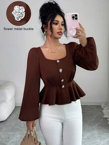 SHEIN Elenzya Women's Dark Brown Autumn Elegant Office Long Sleeve Blouse,Square Collar,Front Button Closure,Floral Decor,Pleated Waist,Cropped Hem,French Vintage - Coffee Brown - View 1