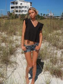 Sydney Algeri WYWH  Women Vacation Peplum Butterfly Sleeve Ruffle Hem Black Top - Black - View 6