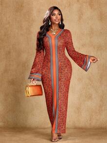 Brilight Women's Tropical Elegant Positioning Print V-Neck Long Sleeve Slim Dress, Suitable For Gatherings And Parties, South African Pattern, South African Traditional Clothing, Autumn Dress, Women's Dress, Elegant Party Dress