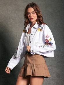 WESTFADE Collared Button Front Western Seamed Patch Pocket Floral Embroidered Denim Jacket Fall, Autumn, WInter, Casual, Cute, Boho - White - View 4