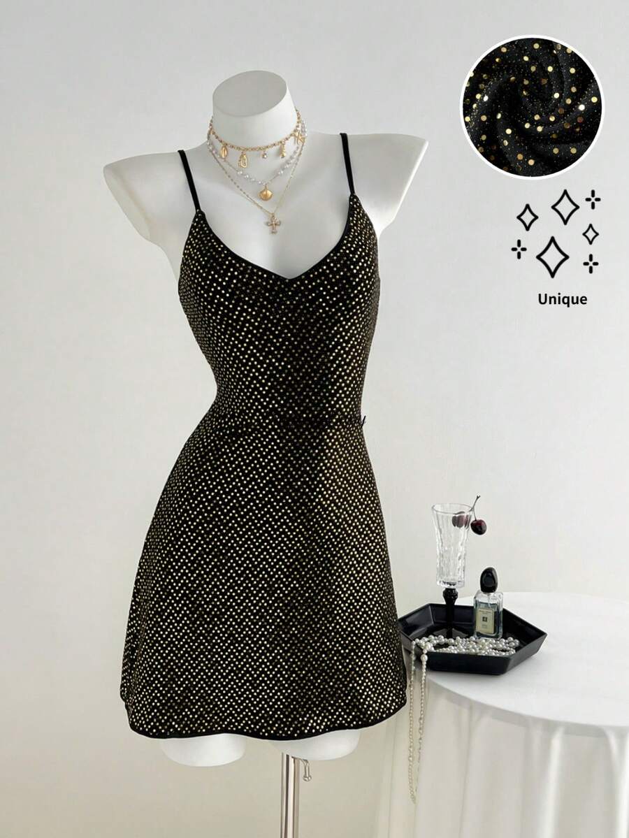 SHEIN Unity Women's Solid Color Sequin Sexy Glamorous Spaghetti Strap Mini Dress - Black - View 1