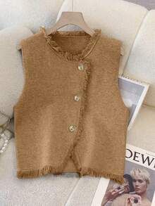 GlowEve Bộ áo len cardigan dài cổ tròn thời trang cao cấp, thanh lịch, dáng ôm, dáng suông, thời trang thu đông - Màu Khaki - Xem 3