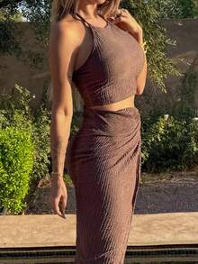 Manon Tanti Women's Plain Short Halter Neck Tank Top And Waist Twisted Knot Skirt Two Pieces Set - Brown - View 4