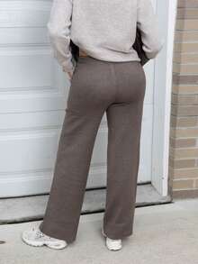 Melissa Matos Knitted Large Pocket Detail Tie Waist Trousers Wide Leg Old Money Summer Beach Airport Fall Back To School Autumn Winter Everyday Christmas Work Office - Brown - View 2