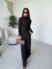 Milla Jasmine ملابس المعلمة بأسلوب ستوكهولم، ملابس نسائية للخريف، ملابس علوية محبوكة بياقة عالية، ملابس علوية أنيقة للخريف/الشتاء، ملابس علوية بأكمام طويلة من الشبك، ملابس علوية أساسية كاجوال للسيدات - الأسود - مشاهدة 1