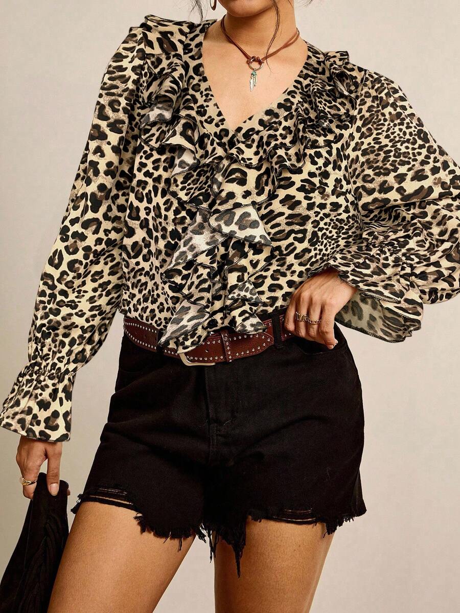 Freevana Plus Size Women's Casual Fashionable Street Style Vacation Leopard Print V-Neck Ruffle Sleeve Loose Blouse, Spring/Autumn - Apricot - View 1
