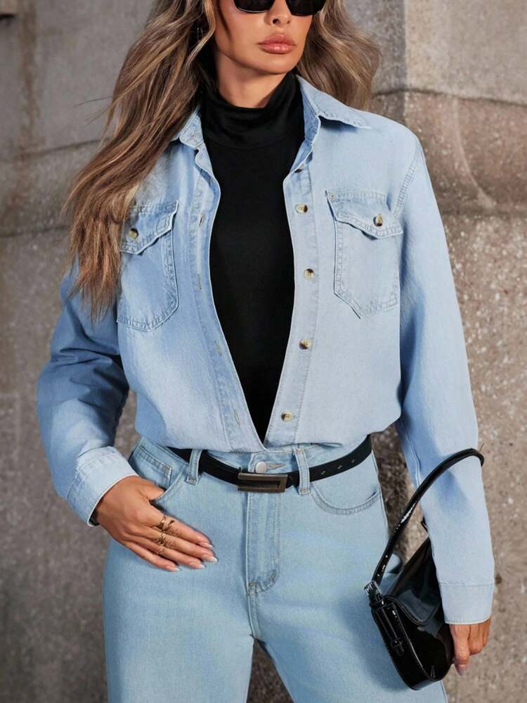 Flap Pocket Curved Hem Denim Blouse