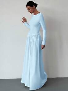 Aloruh New Sexy Scoop Neck Long Sleeve Blue Dress, Versatile & Slimming, Suitable For Autumn/Winter - Blue - View 7
