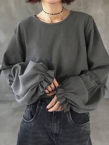 FRIFUL 女士纯色圆领长袖罗纹宽松休闲T恤 - 灰色 - 查看 1