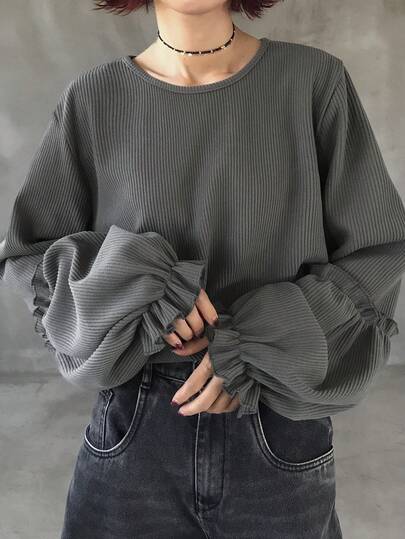 FRIFUL 女性用 無地 ラウンドネック 長袖 リブ編み ルーズ カジュアルTシャツ