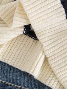 SHEIN Sweater Pullover Tebal Kasual Longgar Leher V dengan Motif Garis-Garis Kontras Warna, Biru Tua dan Putih, Musim Gugur, Sekolah, Pakaian Preppy untuk Kembali ke Sekolah untuk Anak Perempuan Remaja - Krem - View 8