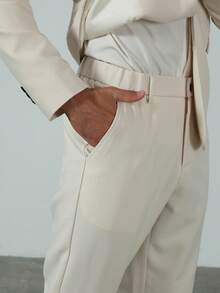 Manfinity Bizformal 男士纯色翻领长袖夹克和裤子休闲西装套装 - 杏色 - 查看 8