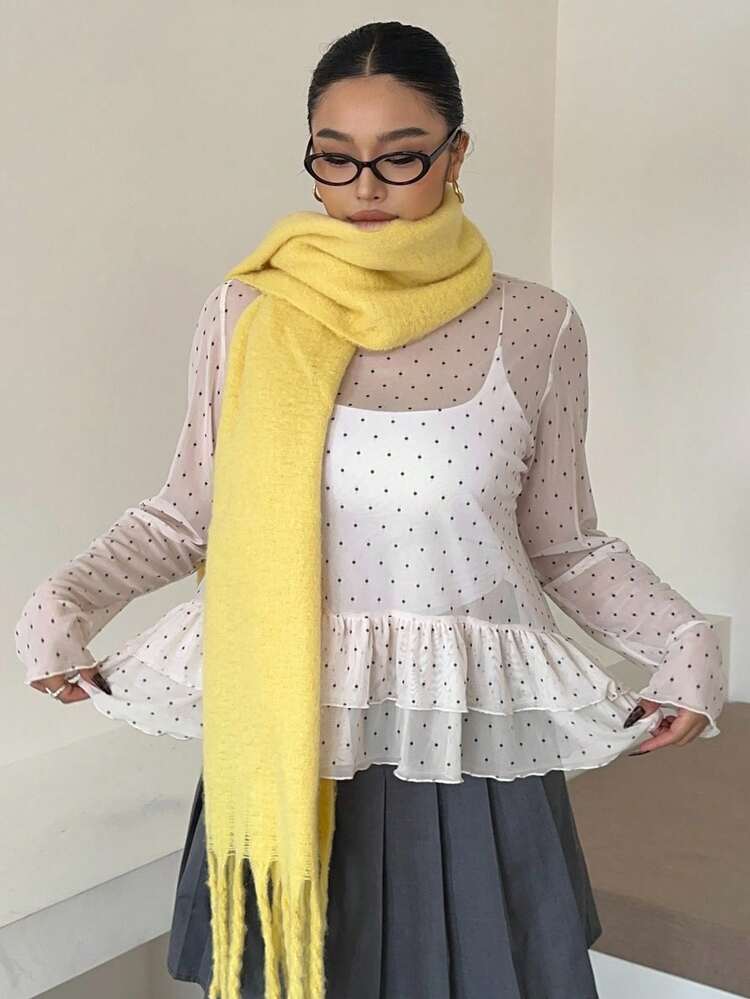 Dazy Plus Long Sleeve Polka Dot Patchwork Layered Casual T-Shirt With Round Neck, White, Spring/Autumn