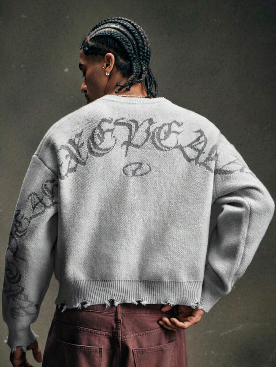 AXEPEAK Vintage Distressed Crew Neck Pullover Sweater For Men - Light Grey - View 1