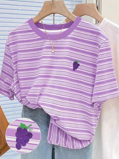 INAWLY T-shirt col rond régulier pour femmes avec imprimé numérique à rayures et broderie de raisin
