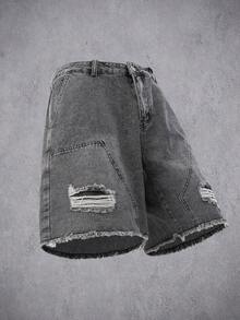 Manfinity Denimwave Men's Plain Frayed Edge Pocket Ripped Fashionable Denim Shorts Ripped Denim Shorts Men - Light Grey - View 2