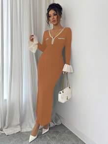 Elenzga Vestido de suéter con cuello en V y volantes elegante y de moda para mujer - Café integral - Ver 5