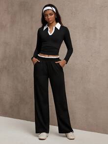 Dewbera Women's Contrast Color Collar Long Sleeve T-Shirt And Pants Sports Suit - Black - View 3