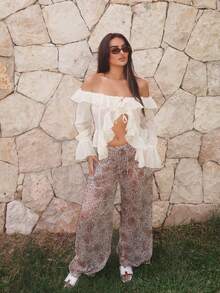 Ambs Edit Áo cánh trễ vai tay dài xếp nếp không đối xứng màu trơn cho nữ, thích hợp cho mùa thu/đông, xuân, lãng mạn, kỳ nghỉ, ngày lễ tình nhân, trang phục hàng ngày, phong cách công chúa, áo sơ mi trắng, sinh nhật, phù dâu - Màu be - Xem 1