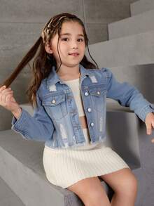 SHEIN 少女蓝色牛仔破洞宽松翻领长袖短夹克 - 中等水洗藍 - 查看 1