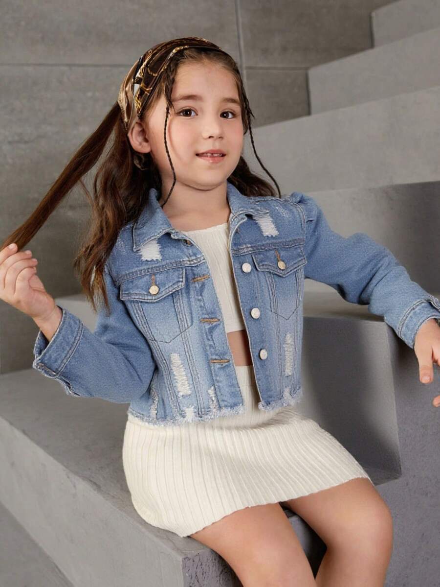 SHEIN 少女蓝色牛仔破洞宽松翻领长袖短夹克 - 中等水洗藍 - 查看 1