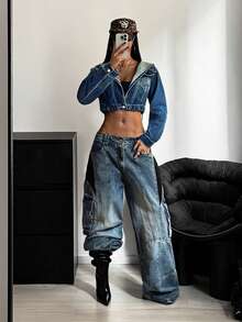 StreetHx Chaqueta vaquera con capucha de manga larga y corta casual para mujer - Azul - Ver 7