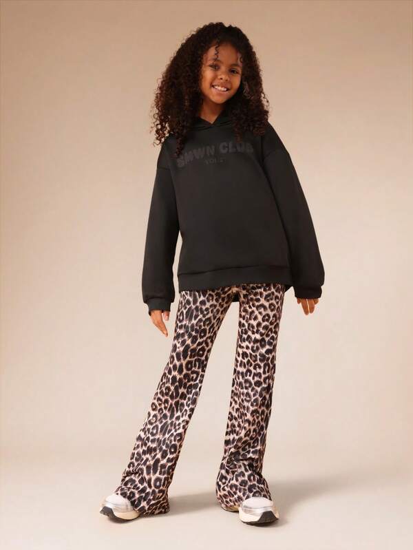 SUMWON Sudadera con capucha oversize con pantalones estampados de leopardo para niñas preadolescentes, sudadera casual con bolsillo central