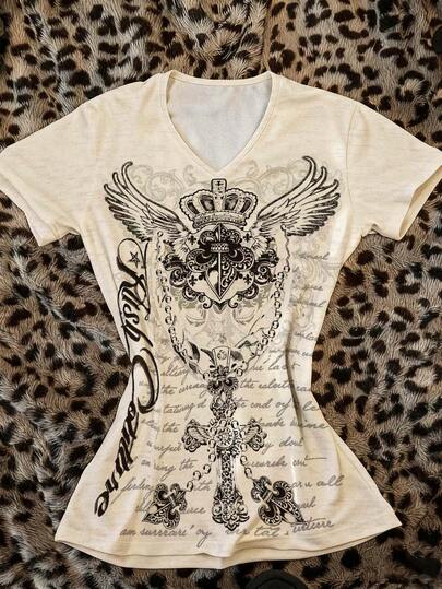 Glimmora Y2K Vintage Dam V-ringad Änglavinge Mönstrad Kortärmad T-shirt med Grafisk Design, Lämplig För Utomhusbruk