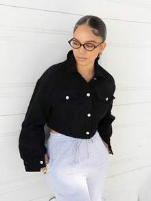 Melissa Matos Spring Outfits Drop Shoulder Flap Detail Crop Corduroy Black Jacket In Fall/Winter ,Petite Women - Black - View 1