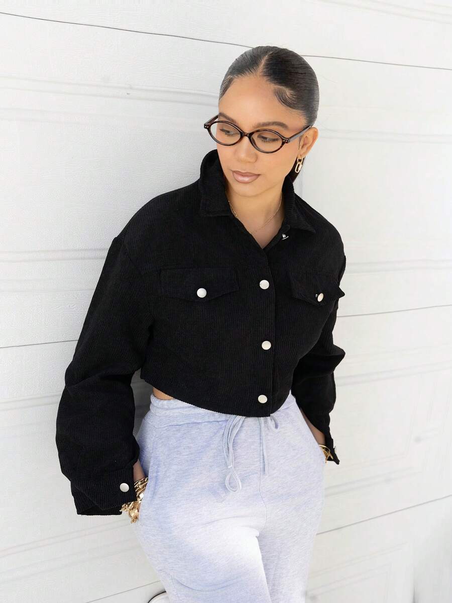 Melissa Matos Spring Outfits Drop Shoulder Flap Detail Crop Corduroy Black Jacket In Fall/Winter ,Petite Women - Black - View 1