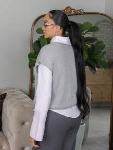 Melissa Matos Women Casual Loose Short Sleeve Knit Top With Small Logo Embroidery Fall Tops,Knitted Sweater - Grey - View 3