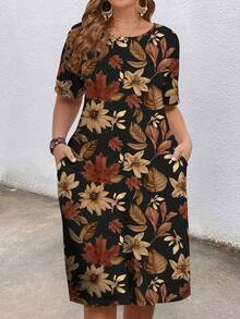 EMERY ROSE 大码女式碎花圆领短袖口袋休闲宽松连衣裙 - 彩色 - 查看 1