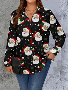 EMERY ROSE Plus Size Women's Casual Long Sleeve Collared Button-Up Shirt, Suitable For Work, Christmas, Autumn/Winter New Year Party - Multicolor - View 3