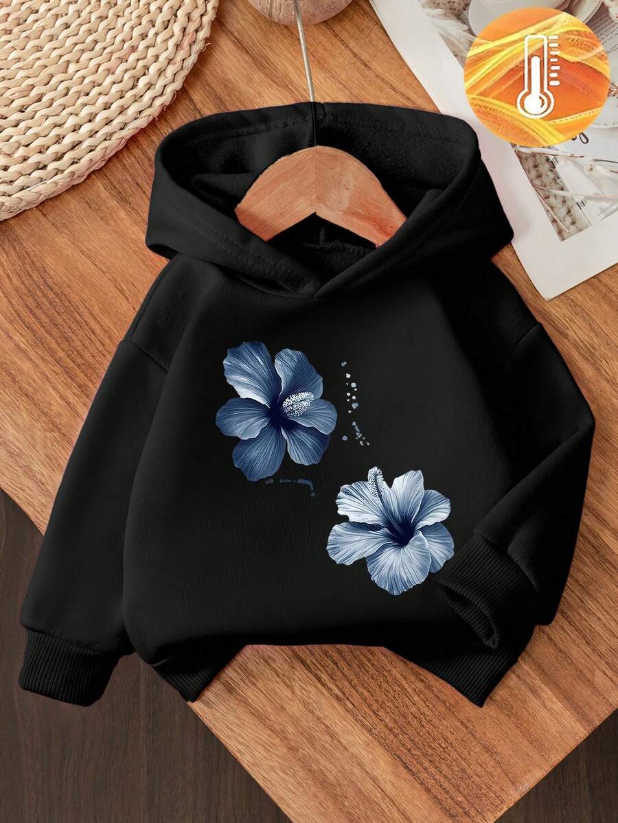 SHEIN بلوزة هودي مطبوعة بالزهور للبنات الصغيرات، تصميم بسيط وجميل، بأكمام طويلة، بطانة من الفليس، مناسبة للخروجات في فصلي الخريف والشتاء