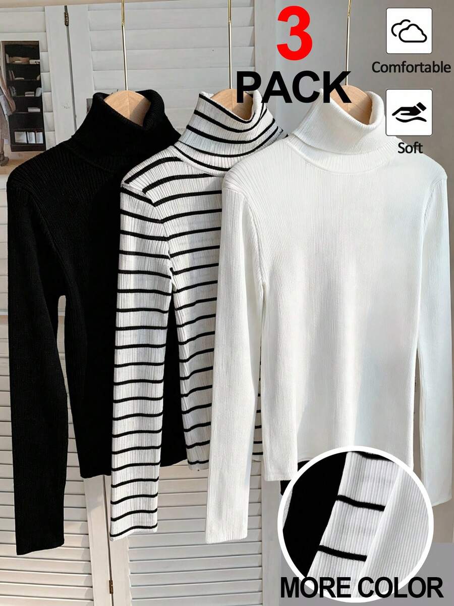 SHEIN 3件套青少年女孩黑色、白色、黑白条纹高领长袖修身T恤 - 黑與白 - 查看 1